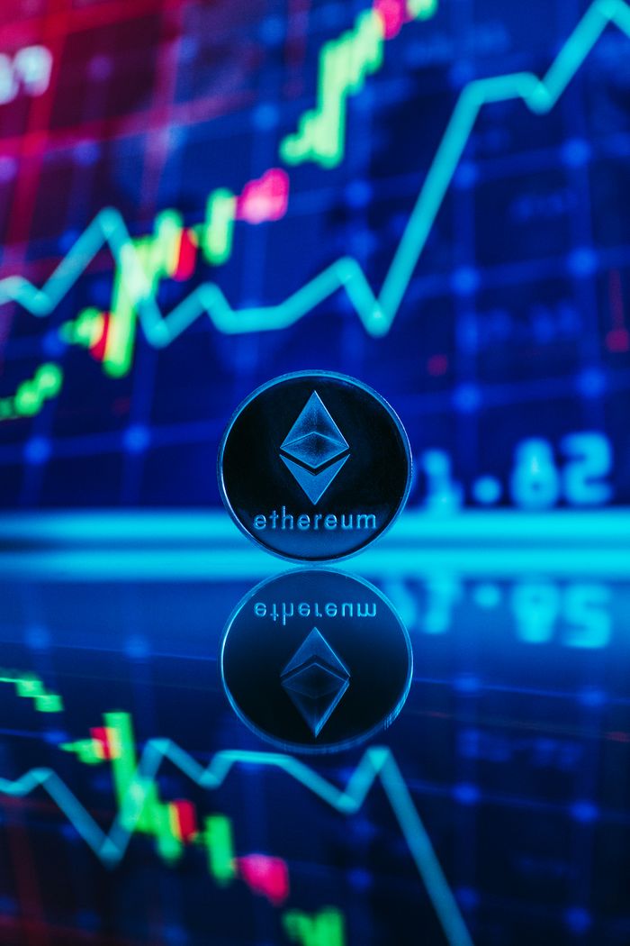 services-03 Ethereum coin with digital trading graph, symbolizing cryptocurrency market dynamics.